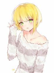 Rule 34 | 10s, 1girl, bad id, bad pixiv id, blonde hair, green eyes, idolmaster, idolmaster cinderella girls, looking at viewer, miyamoto frederica, off shoulder, open mouth, short hair, signature, simple background, sleeves past wrists, solo, striped clothes, striped sweater, sweater, tr (kangtw123), white background