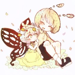 Rule 34 | 2girls, antennae, aqua hair, black cape, black footwear, butterfly wings, cape, closed eyes, constellation print, dress, eternity larva, fairy, fairy wings, fireflies, green dress, green eyes, green hair, hair ornament, insect wings, kariyushi shirt, leaf, leaf hair ornament, leaf on head, mokumoku22, multicolored clothes, multicolored dress, multiple girls, open mouth, pants, petals, plaid, plaid vest, short hair, sitting, touhou, two-sided cape, two-sided fabric, vest, white background, wings, wriggle nightbug, yellow eyes, yellow wings