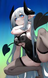 Rule 34 | 1girl, arm up, bare shoulders, black one-piece swimsuit, black thighhighs, blue eyes, breasts, bright pupils, cameltoe, casual one-piece swimsuit, cleft of venus, closed mouth, clothing cutout, demon girl, demon horns, demon tail, gradient background, grey hair, highres, horns, huizhiyin, large breasts, long hair, looking at viewer, no shoes, one-piece swimsuit, original, pointy ears, smile, solo, spread legs, squatting, swimsuit, tail, thighhighs, underboob, underboob cutout, very long hair