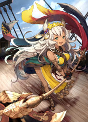 Rule 34 | 10s, 1girl, :3, animal ears, ankle lace-up, bare shoulders, barefoot sandals (jewelry), bent over, black gloves, breasts, cat ears, commentary request, cross-laced footwear, dark-skinned female, dark skin, day, deck, erune, feathers, flower, gloves, granblue fantasy, green eyes, grey hair, hair flower, hair ornament, halberd, highres, holding, holding weapon, leaning forward, long hair, nemone, open mouth, polearm, sandals, ship, smile, solo, standing, very long hair, watercraft, weapon, yuu (higashi no penguin)