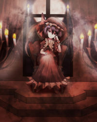 Rule 34 | 1girl, bad id, bad pixiv id, bat wings, candle, female focus, hat, indoors, non (nobu), purple hair, red theme, remilia scarlet, sitting, solo, touhou, wings, wrist cuffs, yellow eyes