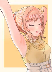 Rule 34 | 1girl, armpits, arms up, blush, breasts, closed eyes, highres, idolmaster, idolmaster shiny colors, light brown hair, medium breasts, outstretched arms, sakuragi mano, shirt, simple background, skirt, sleeveless, sleeveless shirt, solo, stretching, tears, two-tone background, upper body, villeannn, white skirt, yellow shirt