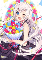 Rule 34 | 1girl, ;d, bare arms, bare shoulders, black dress, blue eyes, blue flower, blush, commentary request, dress, fingernails, flower, hair between eyes, highres, long hair, mika pikazo, hugging object, one eye closed, open mouth, original, red flower, red ribbon, ribbon, rose, signature, silver hair, sleeveless, sleeveless dress, smile, solo, teeth, upper teeth only, very long hair, white flower, white rose, yellow flower
