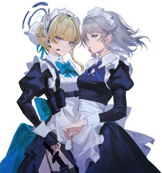 Rule 34 | 2girls, apron, blonde hair, blue archive, blue bow, blue bowtie, blue dress, blue eyes, bow, bowtie, braid, breasts, bun cover, cowboy shot, dress, grey hair, hair bun, hair intakes, halo, headset, highres, holding, holding key, izayoi sakuya, juliet sleeves, key, long sleeves, looking at viewer, maid, maid headdress, multiple girls, puffy sleeves, reeh (yukuri130), revision, short hair, simple background, small breasts, standing, toki (blue archive), touhou, twin braids, waist apron, white apron, white background
