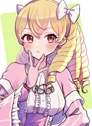 Rule 34 | 1girl, blonde hair, blush, bow, closed mouth, dress, drill hair, earrings, eyelashes, fire emblem, fire emblem awakening, gloves, gogatsu (yeaholiday), hair between eyes, hair bow, highres, jewelry, long hair, long sleeves, looking at viewer, maribelle (fire emblem), nintendo, pink dress, pink gloves, red eyes, solo, upper body, white bow