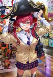 Rule 34 | 1girl, absurdres, alternate costume, arms up, bag, bag charm, blouse, chair, charm (object), commentary request, cowboy shot, eyepatch, fang, hat, highres, hololive, houshou marine, indoors, looking at viewer, necktie, open mouth, pirate hat, red eyes, red hair, school bag, school chair, shirt, skin fang, solo, ssamjang (misosan), standing, striped necktie, thighhighs, virtual youtuber, white shirt, wooden floor