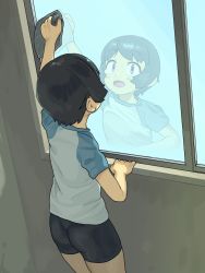 Rule 34 | 1girl, 2equal8, ass, bike shorts, black hair, cleaning, cleaning windows, facing away, female focus, from behind, highres, indoors, open mouth, original, rag, reaching, reflection, sawada kanako, solo, tareme, wedgie, window