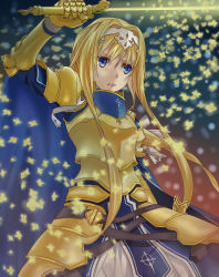 Rule 34 | 1girl, alice zuberg, angel&#039;s trumpet (artist), arm up, armor, armored dress, blonde hair, blue cape, blue eyes, cape, clenched teeth, faulds, floating hair, hairband, highres, holding, holding sword, holding weapon, long hair, solo, standing, sword, sword art online, teeth, very long hair, weapon, white hairband