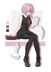 Rule 34 | 1girl, bare arms, bare shoulders, black-framed eyewear, black dress, black pantyhose, book, book stack, boots, breasts, brown footwear, collared dress, color guide, diagonal stripes, dress, elsa (g557744), fate/grand order, fate (series), full body, glasses, hair over one eye, mash kyrielight, medium breasts, necktie, pantyhose, paper, parted lips, pink hair, purple eyes, red necktie, shadow, simple background, sitting, sleeveless, sleeveless dress, solo, striped, striped background, white background