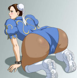 Rule 34 | 1girl, all fours, ass, blush, boots, bracelet, brown eyes, brown hair, cameltoe, capcom, chinese clothes, chun-li, cleft of venus, double bun, earrings, female focus, gradient background, hair bun, jewelry, solo, spiked bracelet, spikes, street fighter, sweat, x bokkis