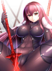 Rule 34 | 1girl, :d, backlighting, between legs, blush, bodysuit, breasts, covered navel, eyebrows, fate/grand order, fate (series), glowing, glowing weapon, guardian-panda, gungnir (weapon), hair between eyes, highres, holding, holding weapon, large breasts, light rays, long hair, looking at viewer, open mouth, parted lips, polearm, purple bodysuit, red hair, scathach (fate), shoulder pads, simple background, skin tight, smile, solo, spear, spread legs, teeth, very long hair, weapon, white background
