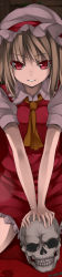 Rule 34 | 1girl, ascot, between thighs, blonde hair, blood, female focus, flandre scarlet, hat, light smile, open mouth, red eyes, sitting, skull, smile, solo, thighs, touhou, unasaka ryou