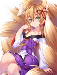 Rule 34 | 1girl, animal ear fluff, animal ears, bare shoulders, blonde hair, closed mouth, crossed legs, eyebrows, fi-san, fox ears, fox tail, green eyes, hair ornament, hand in own hair, highres, japanese clothes, large tail, long hair, looking at viewer, marble, mon-musu quest!, multiple tails, obi, off shoulder, sash, sitting, smile, solo, tail, tamamo (mon-musu quest!), tassel, tattoo, transparent background, wide sleeves