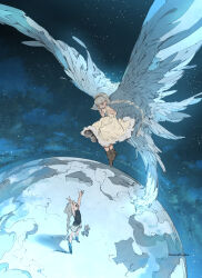 Rule 34 | 2girls, arm up, artist name, boots, braid, braided ponytail, brown footwear, closed eyes, cloud, demizu posuka, dress, feathered wings, grey hair, highres, long hair, looking at another, multiple girls, multiple wings, night, night sky, original, own hands together, planet, shirt, single braid, sky, sleeveless, sleeveless dress, smile, space, standing, star (sky), starry sky, very long hair, white dress, wide shot, wings