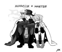 Rule 34 | 1boy, 1girl, blanket, boots, cigarette, drinking, edmond dantes (fate), english text, engrish text, fate/grand order, fate (series), fedora, fujimaru ritsuka (female), greyscale, hair over one eye, hat, knee boots, leaning on person, long hair, long sleeves, monochrome, myu (08 mmmu), pantyhose, ranguage, scrunchie, short hair, side ponytail, signature, smoke, smoking, wavy hair