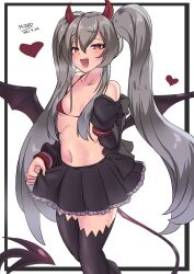 Rule 34 | :d, absurdres, bat wings, bikini, black border, black skirt, black thighhighs, bombergirl, border, breasts, cleavage, commentary request, damarinasai (mineo), dark persona, dated, demon girl, demon horns, demon tail, demon wings, detached sleeves, evo grim, fang, grey hair, grim aloe, heart, highres, horns, long hair, looking at viewer, navel, open mouth, quiz magic academy, red bikini, red eyes, red horns, signature, simple background, skirt, small breasts, smile, solo, swimsuit, tail, thighhighs, twintails, very long hair, white background, wings