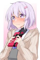 Rule 34 | 1girl, blush, box, cardigan, closed mouth, commentary, frown, gift, gift box, grey cardigan, grey shirt, hair ornament, hairclip, highres, holding, holding gift, long sleeves, looking to the side, neck ribbon, open cardigan, open clothes, purple eyes, purple hair, purple ribbon, ribbon, school uniform, sena kizahashi, serafuku, shirt, short hair, solo, upper body, valentine, voiceroid, yuzuki yukari