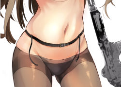 Rule 34 | 1girl, assault rifle, breasts, brown hair, brown pantyhose, buckle, close-up, daewoo k2, girls&#039; frontline, groin, gun, k2 (girls&#039; frontline), long hair, lower body, navel, pantyhose, septet (zrca janne), simple background, solo, stomach, strap, thighband pantyhose, thighs, topless, underboob, underwear, weapon, white background