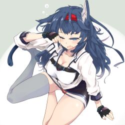 Rule 34 | 1girl, animal ear fluff, animal ears, arknights, black gloves, black skirt, blaze (arknights), blue hair, blush, breasts, cleavage, detached sleeves, fingerless gloves, gloves, grey pantyhose, grey thighhighs, hairband, highres, jacket, long hair, long sleeves, looking at viewer, medium breasts, messy hair, miniskirt, no shoes, one eye closed, open clothes, open jacket, open mouth, panties, pantyhose, red panties, rubbing eyes, saliva, shirt, single thighhigh, sitting, skirt, squeans, solo, tail, tearing up, thighhighs, totomono, underwear, wavy mouth, white jacket, white shirt, yokozuwari