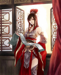 Rule 34 | 1girl, bare shoulders, black hair, chinese clothes, curtains, detached sleeves, earrings, hair ornament, hat, headdress, jewelry, kacyu, long hair, original, red eyes, scroll, solo, thighhighs, window