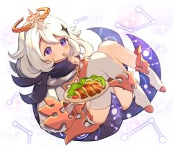 Rule 34 | 1girl, blush, boots, commentary request, dress, eyebrows hidden by hair, food, fork, full body, genshin impact, halo, highres, holding, holding fork, holding plate, knees up, marekamico, paimon (genshin impact), plate, purple eyes, single thighhigh, solo, sparkle, thighhighs, thighhighs under boots, tomato, tomato slice, white dress, white footwear, white hair, white thighhighs