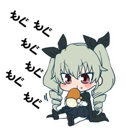Rule 34 | 1girl, anchovy (girls und panzer), anzio school uniform, black cape, black ribbon, blush, cape, cheek bulge, chibi, drill hair, eating, female focus, food, full body, girls und panzer, green hair, grin, hair ribbon, hanya (hanya yashiki), holding, holding food, long hair, looking to the side, red eyes, ribbon, school uniform, simple background, sitting, skirt, smile, solo, translation request, twin drills, twintails, upper body, very long hair