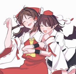 Rule 34 | 2girls, ascot, black skirt, black wings, blush, bow, brown hair, closed eyes, collared shirt, commentary request, detached sleeves, frilled bow, frilled hair tubes, frills, hair bow, hair tubes, hakurei reimu, hat, highres, hug, hug from behind, long hair, multiple girls, open mouth, pointy ears, pom pom (clothes), red bow, red headwear, red skirt, ribbon-trimmed sleeves, ribbon trim, sakic43899, shameimaru aya, shirt, short sleeves, skirt, skirt set, smile, tokin hat, touhou, white shirt, wings, wrist cuffs, yellow ascot