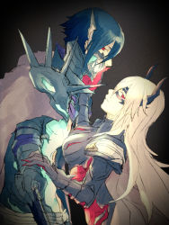 Rule 34 | 1boy, 1girl, armor, black background, blue hair, breastplate, cape, domino mask, fire emblem, fire emblem heroes, hand on another&#039;s face, horned mask, lif (fire emblem), long hair, looking at viewer, mask, mouth mask, nintendo, nishimura (nianiamu), red eyes, short hair, shoulder armor, thrasir (fire emblem), see-through body, white hair