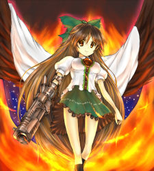 Rule 34 | 1girl, alternate weapon, arm cannon, bad id, bad pixiv id, breasts, brown hair, female focus, fire, impossible clothes, impossible shirt, long hair, reiuji utsuho, shirt, skirt, solo, takemori shintarou, touhou, weapon, wings