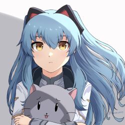 1girl animal_ears ao_no_kiseki blue_hair double-parted_bangs eiyuu_densetsu fake_animal_ears floating_hair hair_between_eyes highres hug hugging_object long_hair looking_at_viewer mishy rerecoro sidelocks simple_background solo stuffed_toy tio_plato twitter_username two-tone_background upper_body yellow_eyes zero_no_kiseki