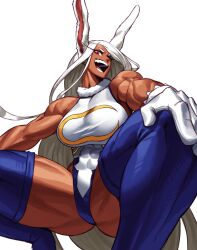 Rule 34 | 1girl, abs, absurdres, animal ears, boku no hero academia, breasts, dark-skinned female, dark skin, gloves, hand on own knee, highres, large breasts, leotard, long hair, looking at viewer, looking down, low angle, mirko, muscular, muscular female, open mouth, rabbit ears, red eyes, simple background, solo, sotcho, squatting, teeth, thick thighs, thighhighs, thighs, white background, white gloves, white hair