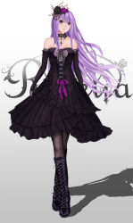 Rule 34 | 1girl, bang dream!, black dress, black flower, black footwear, black nails, black pantyhose, black rose, black sleeves, boots, breasts, choker, cleavage, collarbone, cross, cross necklace, detached sleeves, dress, floating hair, flower, full body, gothic lolita, gradient background, grey background, hair flower, hair ornament, highres, jewelry, knee boots, layered dress, lolita fashion, long hair, long sleeves, medium breasts, minato yukina, nail polish, necklace, pantyhose, purple flower, purple hair, purple rose, red eyes, rose, roselia (bang dream!), sleeveless, sleeveless dress, solo, standing, strapless, strapless dress, swept bangs, very long hair, white background, yuzuriha (atelier liang)