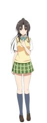 Rule 34 | 10s, 1girl, brown hair, full body, kujou rin, looking at viewer, ponytail, school uniform, simple background, solo, to love-ru, to love-ru darkness, to love-ru darkness: idol revolution, white background