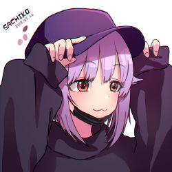 Rule 34 | 1girl, :3, arms up, black coat, black surgical mask, character name, chromatic aberration, closed mouth, coat, color guide, dated, hands on headwear, hat, highres, idolmaster, idolmaster cinderella girls, koshimizu sachiko, light purple hair, long sleeves, madarame (mdrm89), mask, mouth mask, purple hat, red eyes, short hair, simple background, sleeves past wrists, smug, solo, surgical mask, white background