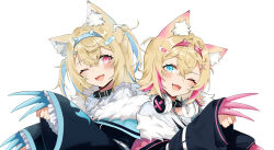 Rule 34 | 2girls, animal ear fluff, animal ears, aqua eyes, bandaid, bandaid hair ornament, belt collar, blonde hair, blue hair, blush, collar, commentary, dog ears, english commentary, fang, fur-trimmed jacket, fur trim, fuwawa abyssgard, hair ornament, headphones, headphones around neck, highres, hololive, hololive english, jacket, long sleeves, looking at viewer, lucferz, medium hair, mococo abyssgard, multicolored hair, multiple girls, one eye closed, open mouth, paw pose, pink eyes, pink hair, simple background, skin fang, smile, streaked hair, two side up, upper body, variant set, virtual youtuber, white background, wide sleeves, x hair ornament