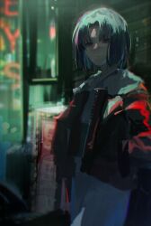Rule 34 | 1girl, against wall, alley, black hair, blue kimono, dark, expressionless, feet out of frame, hands in pockets, highres, jacket, japanese clothes, kara no kyoukai, kimono, lamppost, long sleeves, looking at viewer, obi, obidome, painterly, red jacket, ryougi shiki, sash, short hair, solo, standing, ubwmitekure