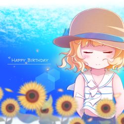Rule 34 | 1girl, arms behind back, bare arms, bare shoulders, blonde hair, blue bow, blue shorts, blue sky, blurry, blurry foreground, blush, bow, brown hat, closed eyes, closed mouth, cloud, collarbone, commentary request, day, depth of field, facing viewer, flower, gochuumon wa usagi desu ka?, goth risuto, happy birthday, hat, hat bow, kirima syaro, outdoors, sailor collar, shirt, shorts, sky, sleeveless, sleeveless shirt, smile, solo, striped clothes, striped shirt, sun hat, sunflower, white sailor collar, yellow flower