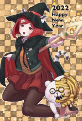 Rule 34 | 1girl, 2022, alternate hair ornament, animal ears, black cape, black jacket, brown background, brown pantyhose, brown vest, cape, checkered background, collared shirt, danganronpa (series), danganronpa v3: killing harmony, fang, glasses, grey shirt, hair ornament, happy new year, hat, highres, jacket, kuma pan (bearbread624), long sleeves, looking at viewer, miniskirt, monosuke, new year, open mouth, pantyhose, pleated skirt, red cape, red hair, red skirt, shirt, short hair, skirt, smile, tail, tiger ears, tiger hair ornament, tiger tail, two-sided cape, two-sided fabric, vest, white shirt, witch hat, yumeno himiko
