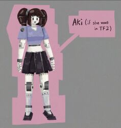 1girl aki_(dudetheninja) black_skirt blush_stickers brown_hair colored_skin crop_top cropped_shirt dudetheninja grey_background original pleated_skirt purple_shirt robot robot_girl shirt simple_background skirt solo team_fortress_2 toon_(style) twintails v-neck white_skin