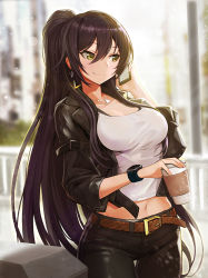 Rule 34 | 1girl, belt, black hair, breasts, brown hair, cellphone, closed mouth, cowboy shot, cup, day, disposable coffee cup, disposable cup, earrings, goomrrat, hair between eyes, hand up, holding, holding phone, idolmaster, idolmaster shiny colors, jacket, jewelry, large breasts, light particles, long hair, midriff, navel, necklace, open clothes, open jacket, outdoors, phone, ponytail, shirase sakuya, smartphone, smartwatch, smile, solo, tank top, thigh gap, very long hair, watch, wristwatch, yellow eyes