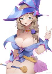 Rule 34 | 1girl, absurdres, artist request, bare shoulders, blush, boots, breasts, choker, cleavage, cosplay, dark magician girl, dark magician girl (cosplay), detached sleeves, genshin impact, hat, highres, large breasts, lisa (genshin impact), long hair, looking at viewer, pentacle, signature, simple background, sitting, skirt, solo, staff, white background, wizard hat, yu-gi-oh!, yztp (sanmery)