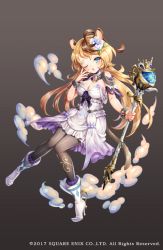 Rule 34 | 1girl, blonde hair, breasts, brown background, copyright notice, dormouse (grimms notes), dress, full body, gradient background, grimms notes, long hair, nemusuke, official art, one eye closed, open mouth, pantyhose, sleepy, solo, wand, weapon