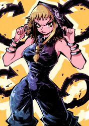 Rule 34 | arrow (projectile), artist request, bare shoulders, blonde hair, bracelet, breasts, evil smile, feet out of frame, highres, hood, hoodie, jewelry, large breasts, medusa gorgon, nails, pants, smile, soul eater, spiked hair, tongue, tongue out, yellow background, yellow eyes