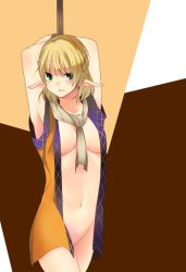 Rule 34 | 1girl, bad id, bad pixiv id, bdsm, blonde hair, bondage, bottomless, bound, breasts, breasts apart, female focus, green eyes, large breasts, mizuhashi parsee, no bra, no panties, open clothes, open shirt, pointy ears, safai, shirt, short hair, solo, touhou