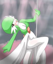 Rule 34 | artist request, blush, breasts, brown eyes, creatures (company), game freak, gardevoir, gen 3 pokemon, green hair, highres, looking at viewer, nintendo, no humans, open mouth, pokemon, pokemon (creature), pole, pole dancing, simple background, smile