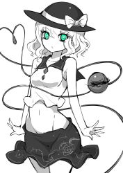 Rule 34 | 1girl, bare shoulders, bow, breasts, collarbone, cowboy shot, crop top, eyeball, floral print, green eyes, hat, hat bow, hat ribbon, heart, heart-shaped pupils, heart of string, highres, komeiji koishi, looking at viewer, midriff, miniskirt, navel, parted lips, raptor7, ribbon, sailor collar, short hair, skirt, sleeveless, small breasts, solo, spot color, string, symbol-shaped pupils, tank top, third eye, touhou, wavy hair, wide hips