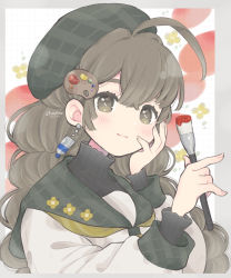 Rule 34 | 1girl, :3, ahoge, beret, blush, brown hair, earrings, hand on own cheek, hand on own face, hat, high collar, highres, holding, holding paintbrush, jewelry, long hair, long sleeves, looking at viewer, neckerchief, original, paint, paint tube, paintbrush, palette hair ornament, plaid, plaid headwear, plaid sailor collar, sailor collar, shamo3, smile, solo, sweater, thick eyebrows
