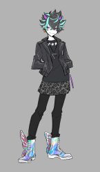 Rule 34 | 1boy, ankle boots, bad id, bad twitter id, black hair, black jacket, black pants, black shirt, boots, closed mouth, commentary request, contrapposto, crossed bangs, earrings, full body, grey background, hair between eyes, hands in pockets, highres, jacket, jewelry, leather, leather jacket, looking at viewer, male focus, multicolored hair, necklace, open clothes, open jacket, original, pants, samei ikusa, shirt, simple background, smile, solo, star (symbol), star earrings, streaked hair