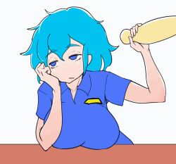 Rule 34 | 1girl, animated, animated gif, arm support, blue eyes, blue hair, blue shirt, bored, bouncing breasts, breasts, closed mouth, collared shirt, cookie (touhou), cum, cum on body, cum on breasts, cum on clothes, cum on upper body, ejaculation, emotionless sex, expressionless, eyelashes, facial, hand on own cheek, hand on own face, handjob, huge breasts, kawashiro nitori, kofji (cookie), large breasts, messy hair, penis, sexually suggestive, shirt, short hair, short sleeves, sitting, sorry carl, table, white background