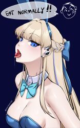 Rule 34 | 1girl, absurdres, anger vein, animal ears, doodle sensei (blue archive), bare shoulders, blonde hair, blue archive, blue background, blue bow, blue bowtie, blue eyes, blue hairband, blue leotard, bow, bowtie, breasts, candy, cleavage, detached collar, earpiece, earrings, fake animal ears, food, food in mouth, hairband, highres, jewelry, kawanmushi, leotard, long hair, looking at viewer, medium breasts, multicolored hair, open mouth, playboy bunny, rabbit ears, saliva, sensei (blue archive), sexually suggestive, solo, speech bubble, streaked hair, stud earrings, toki (blue archive), toki (bunny) (blue archive), tongue, tongue out, very long hair